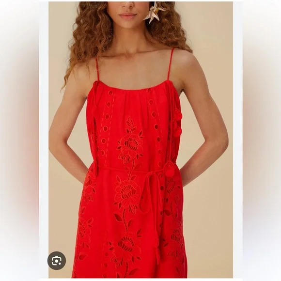 FARM Rio Richelieu Linen Sleeveless Eyelet Dress Tuckernuck Anthropologie Red - Picture 4 of 17